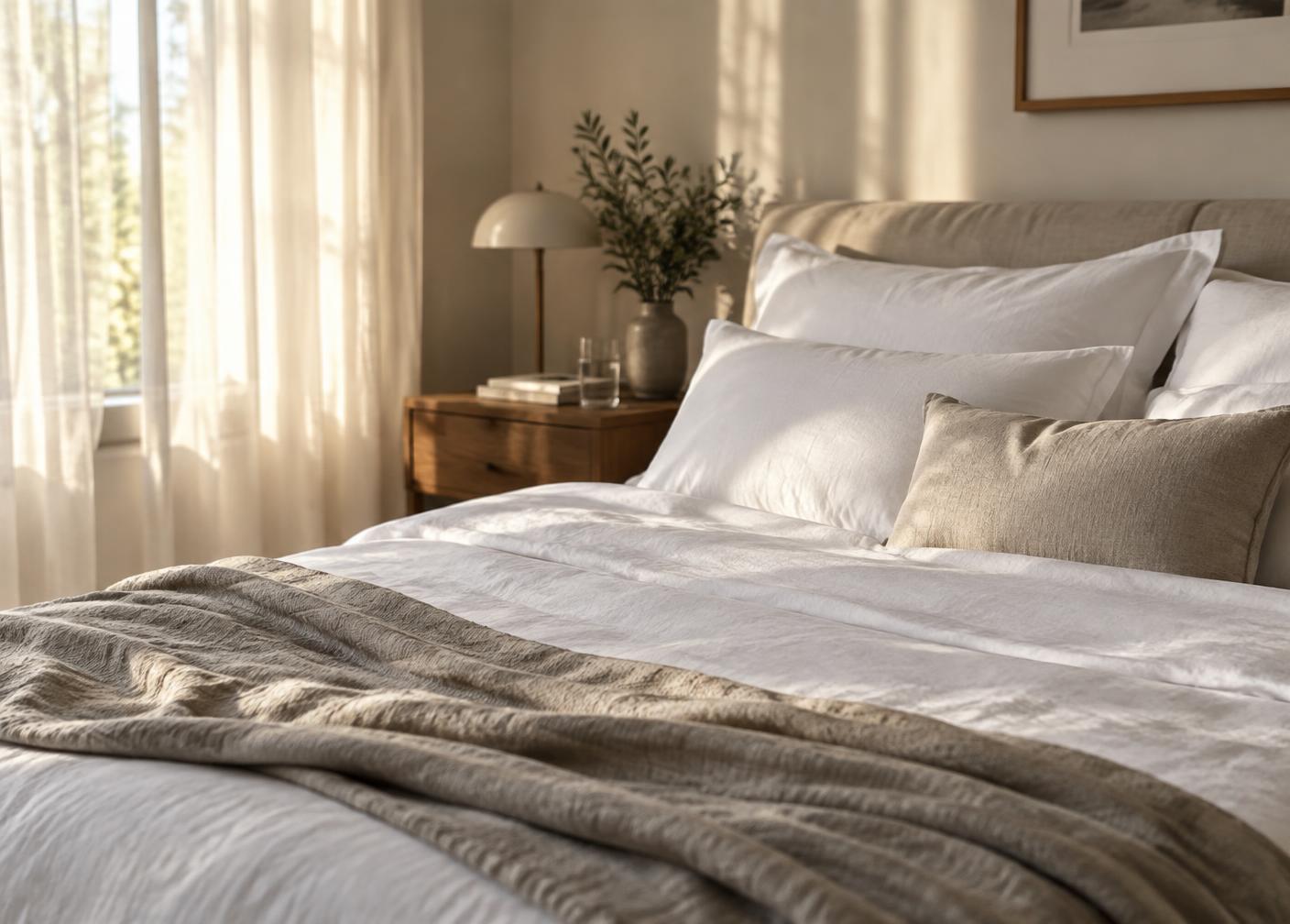 A freshly made bed with crisp white linen and a soft stone throw