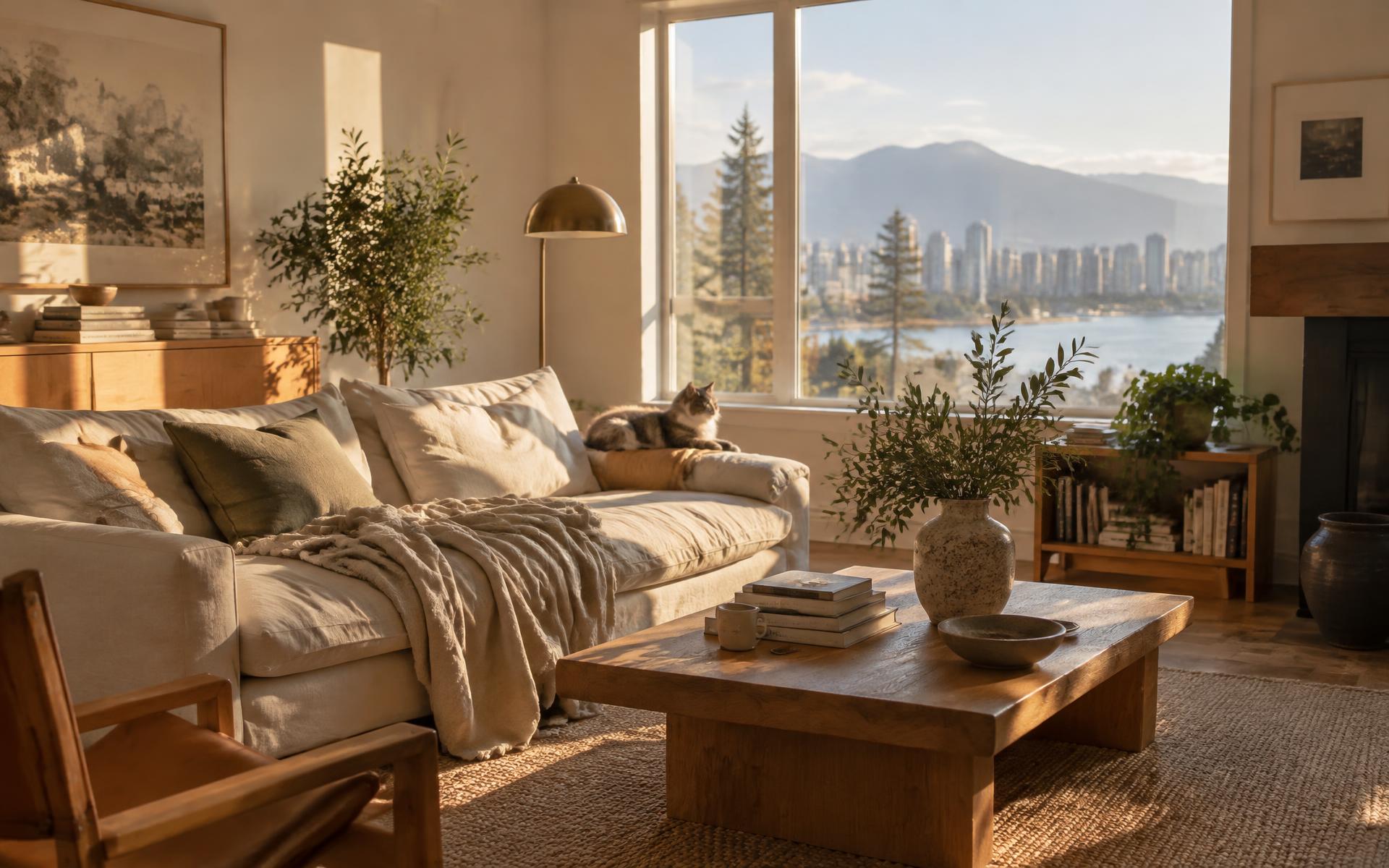 A sunlit living room with a linen sofa, natural wood table and a view of the mountains