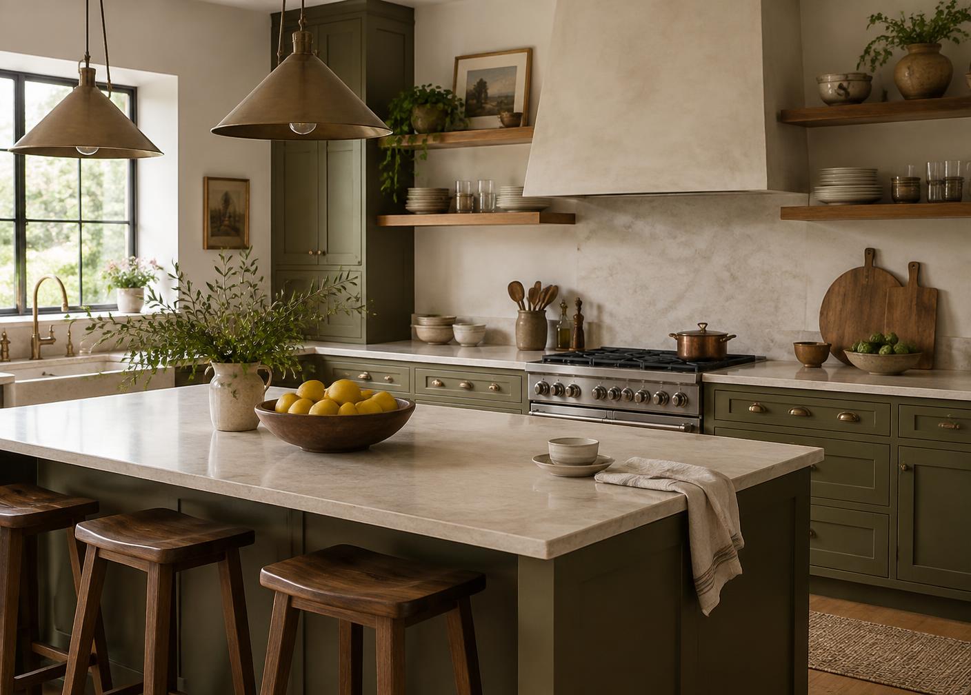 A calm home kitchen with pale stone counters and warm wood shelves