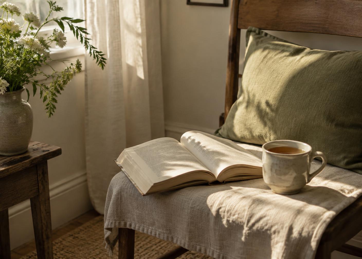 An open book and a cup of tea on a linen-covered chair in a sunlit corner